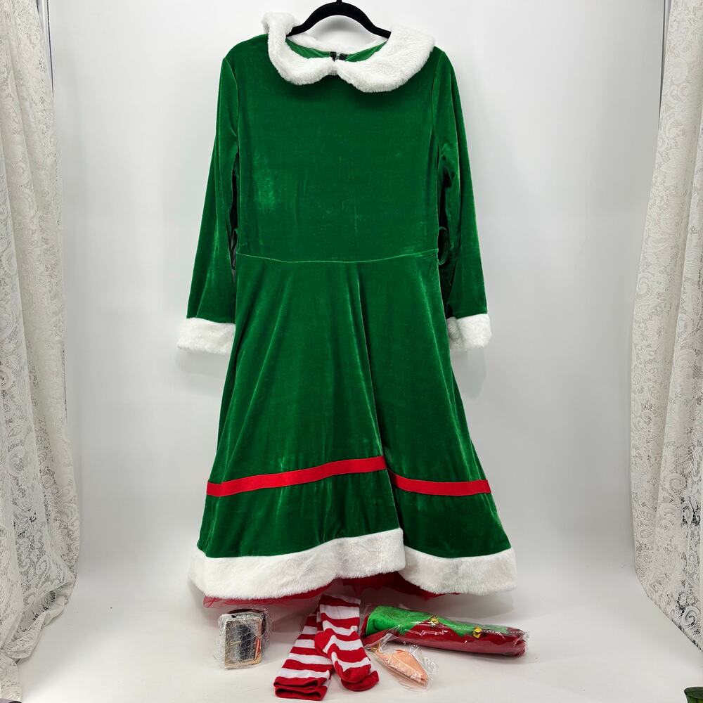 Christmas Elf Velvet Womens Medium Costume Cosplay Dress Socks Hat